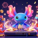 Kuwin platform celebrates online gaming with vibrant axolotl DJ and gambling elements.
