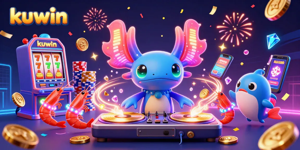 Kuwin platform celebrates online gaming with vibrant axolotl DJ and gambling elements.