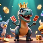 Engage in callbreak online with animated dinosaurs playing cards amid vibrant casino-themed elements.