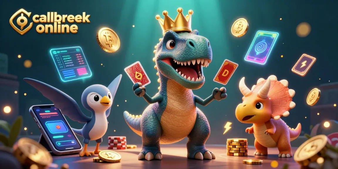Engage in callbreak online with animated dinosaurs playing cards amid vibrant casino-themed elements.
