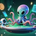 The nohu alien octopus engages players at a holographic poker table, surrounded by vibrant slot symbols and crypto coins.