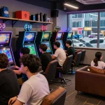 Engaging gaming lounge highlighting oppa86 link and vibrant slot machines with enthusiastic players.