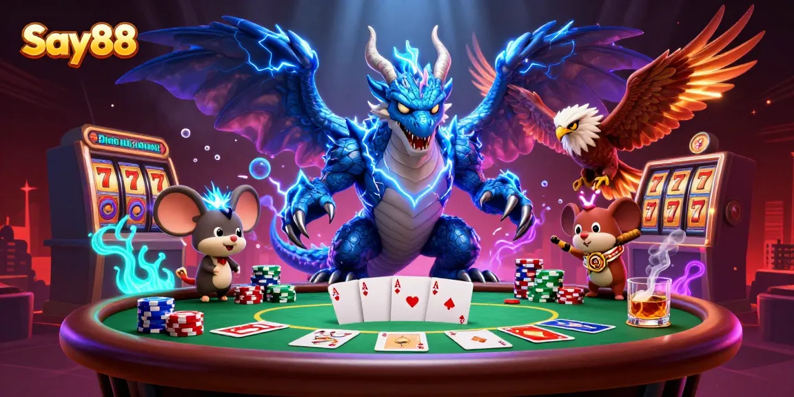 Experience thrilling gaming at Say88 with a dynamic casino scene featuring vibrant characters and poker action.