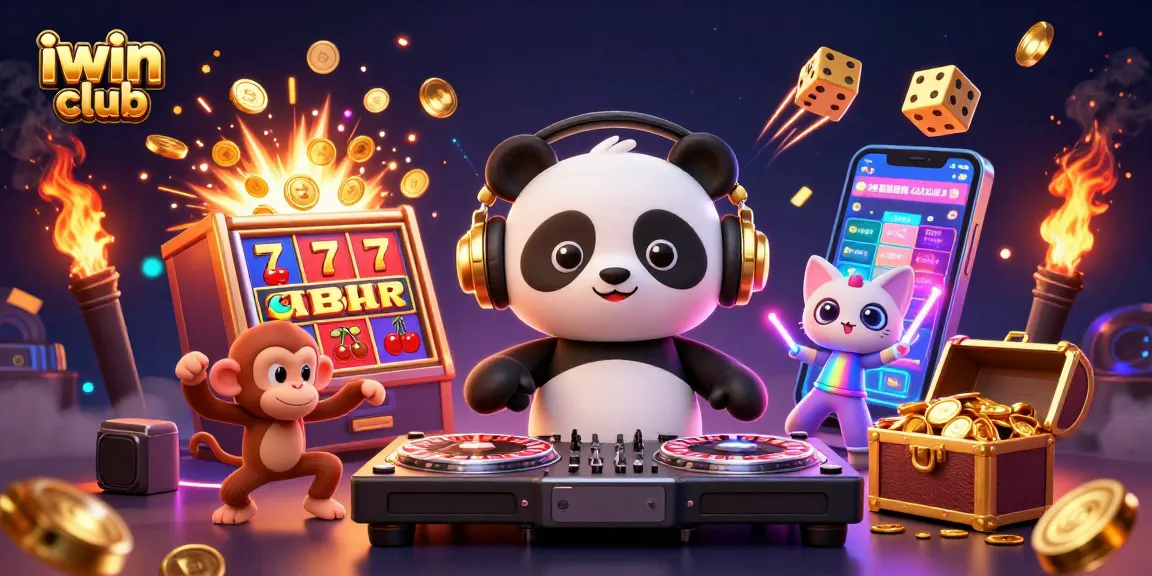 Experience the vibrant iwin club atmosphere with DJ panda, dancing monkey, and rave kitten!
