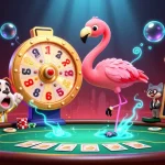 Excited character spins the game bài ù mạt chược prize wheel amid vibrant casino elements.