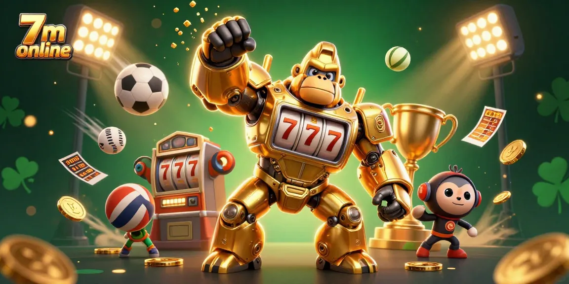 Experience excitement with the 7m online gaming gorilla mech in a dynamic casino-themed scene.