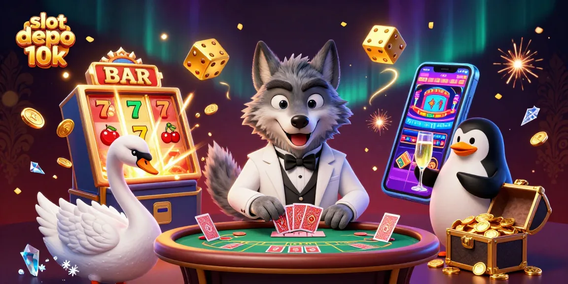Experience thrilling gameplay with slot depo 10k as a wolf, swan, and penguin celebrate big wins at a lively casino scene.