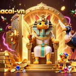 Experience fortune with tylekeonhacai-vn, featuring a cartoon pharaoh cat in a treasure-filled scene.