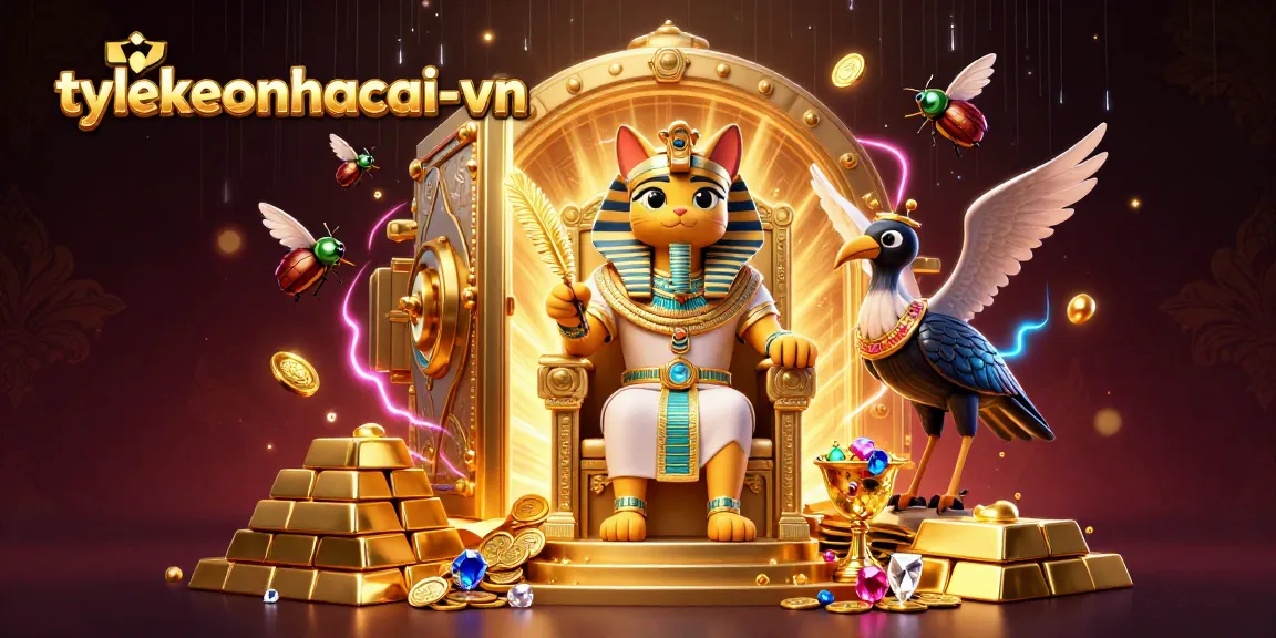 Experience fortune with tylekeonhacai-vn, featuring a cartoon pharaoh cat in a treasure-filled scene.