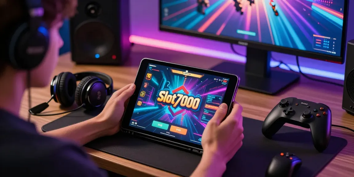 Experience immersive gaming with Slot7000 on a vibrant tablet, showcasing exciting graphics and accessories.
