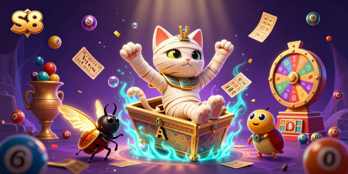 Witness the S8 Egyptian mummy cat in a pyramid casino, bursting with lottery excitement!