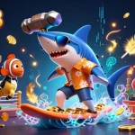 Experience thrilling games at on68 com with cartoon characters surfing on gold coins in a vibrant casino scene.