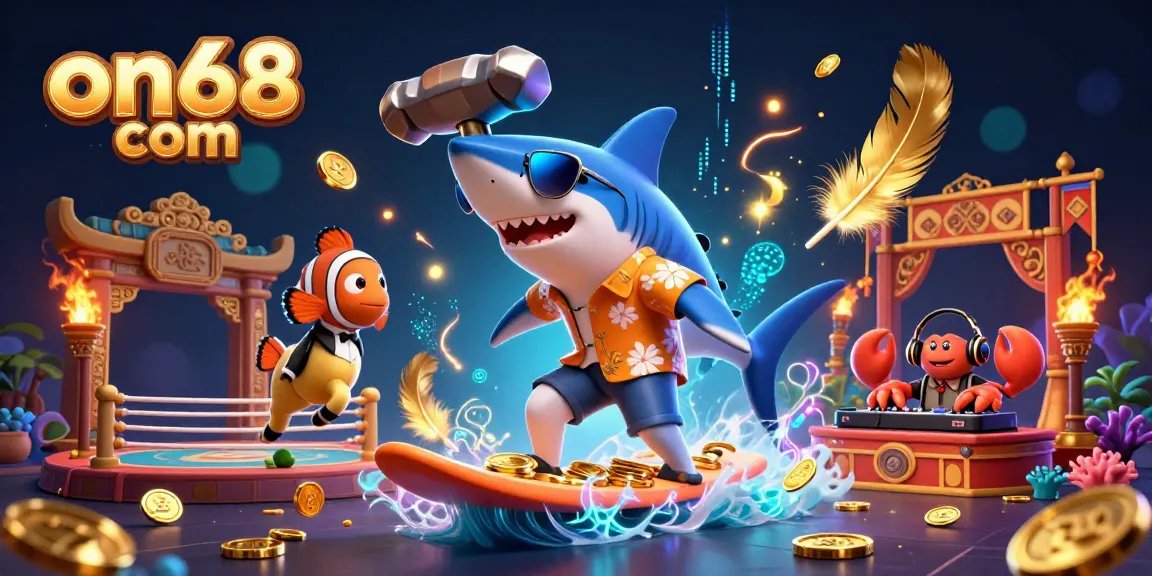 Experience thrilling games at on68 com with cartoon characters surfing on gold coins in a vibrant casino scene.
