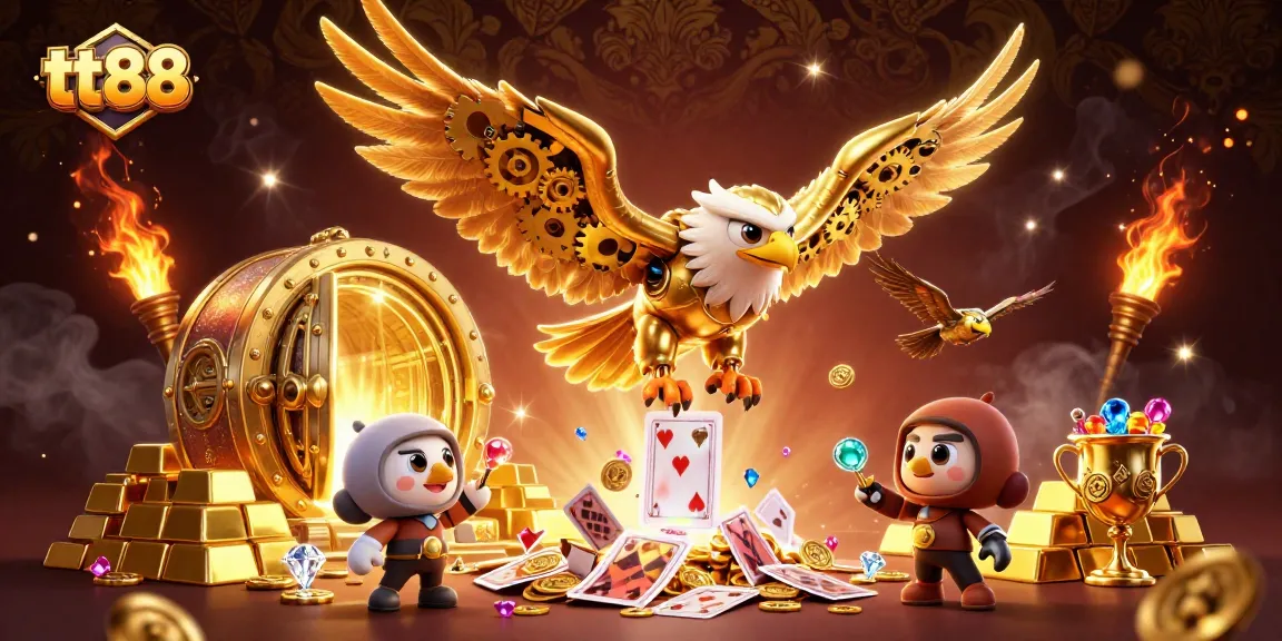 Experience thrilling gaming adventures at tt88 with a captivating 3D illustration of golden eagle diving through holographic cards.