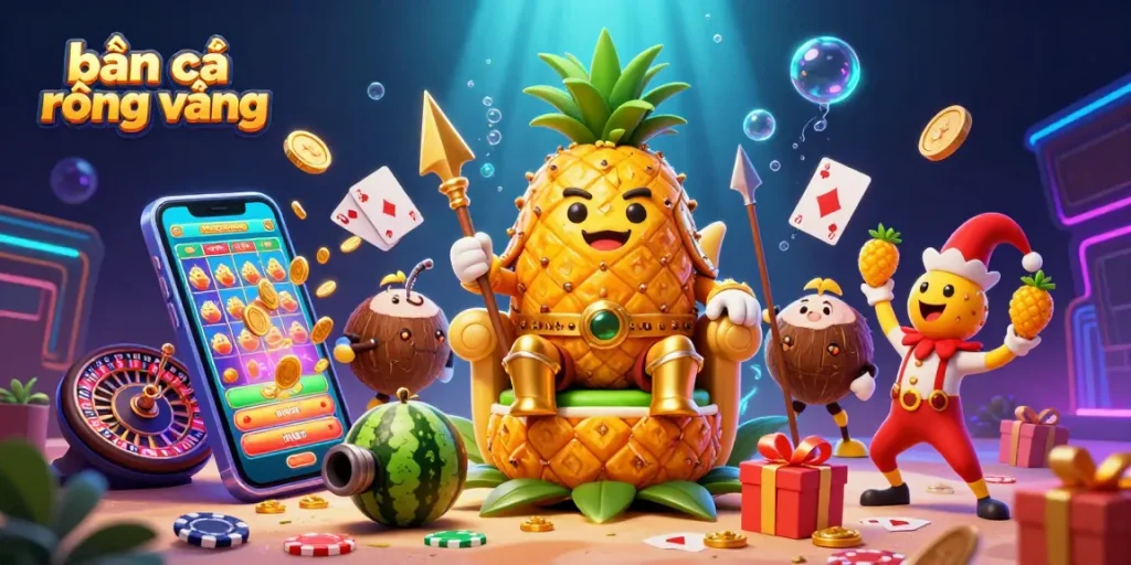 Bắn cá rồng vàng action with a golden pineapple king engaging at a vivid beach casino, showcasing thrilling game elements.