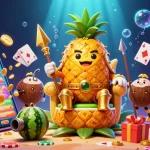 Bắn cá rồng và ng action with a golden pineapple king engaging at a vivid beach casino, showcasing thrilling game elements.