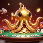 Play strategic games at CM88 COM with a golden kraken submarine amid swirling poker chips and gaming elements.