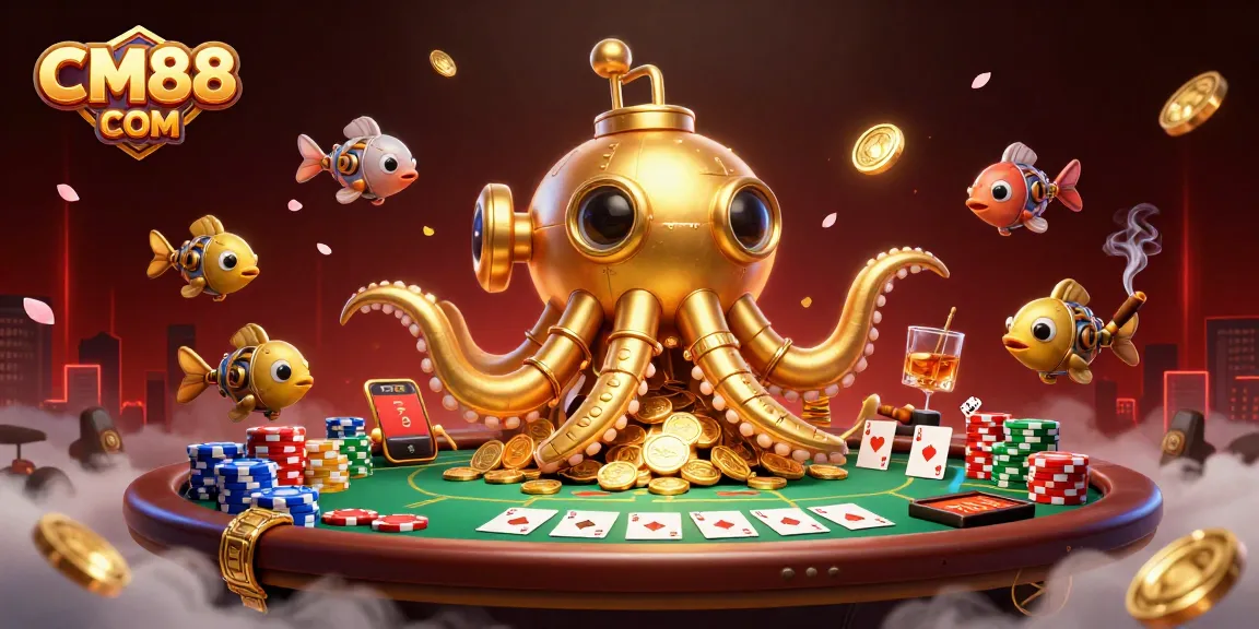 Play strategic games at CM88 COM with a golden kraken submarine amid swirling poker chips and gaming elements.