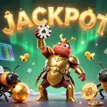Engage in the thrilling qq88 casino experience with a victorious beetle showcasing a poker chip amidst glowing cryptocurrencies.