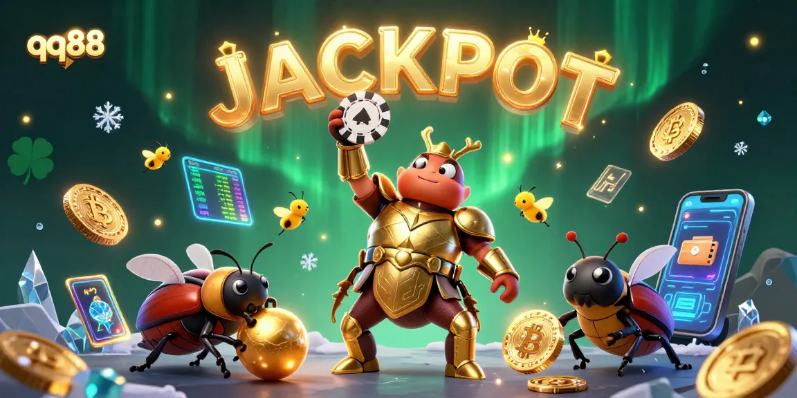 Engage in the thrilling qq88 casino experience with a victorious beetle showcasing a poker chip amidst glowing cryptocurrencies.