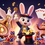 Engage in thrilling wins at SOCOLIVE while the magician rabbit pulls golden coins amidst dazzling casino elements.
