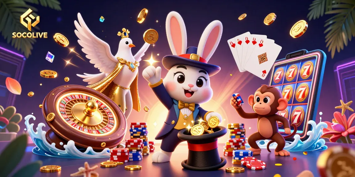 Engage in thrilling wins at SOCOLIVE while the magician rabbit pulls golden coins amidst dazzling casino elements.