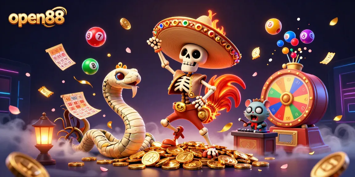 Win big with open88's vibrant 3D illustration featuring dynamic gaming elements and lively characters.