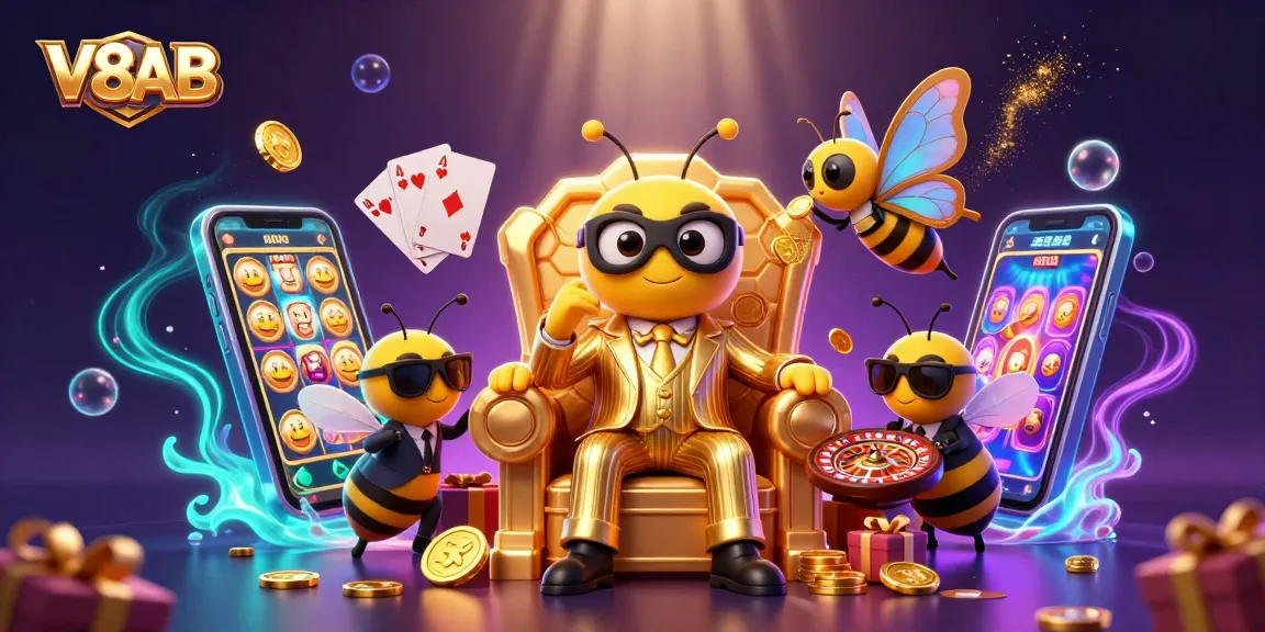 Experience colorful gameplay at V8AB with a bumblebee mob boss in a vibrant casino scene.