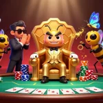 Engage in thrilling poker gameplay at fly88, featuring a bumblebee mob boss and vibrant casino elements.