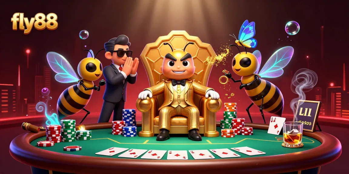 Engage in thrilling poker gameplay at fly88, featuring a bumblebee mob boss and vibrant casino elements.