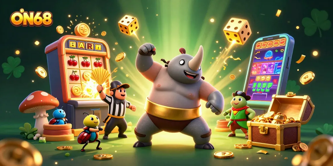 ON68 slot champions erupt in coins from a stunning jackpot scene with vibrant effects.