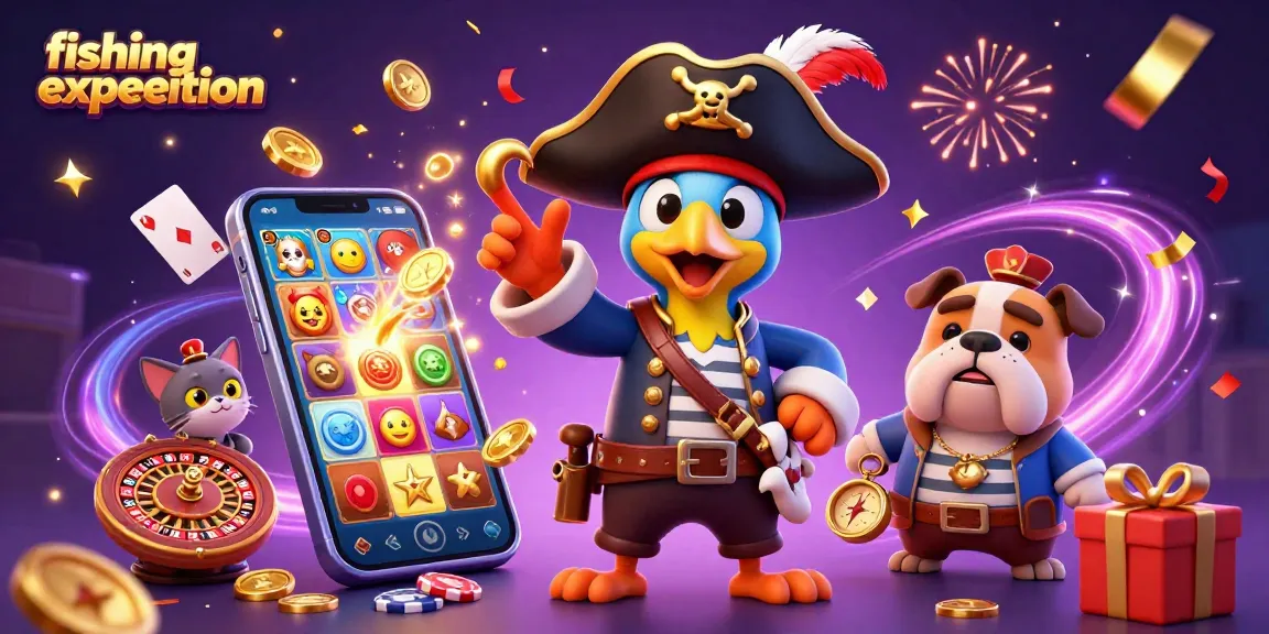 Engage in a thrilling fishing expedition with pirate-themed characters and casino elements bursting with excitement.