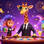 Nổ hũ thợ săn tiền thưởng brings vibrant casino excitement with a high-roller giraffe and colorful slot elements.