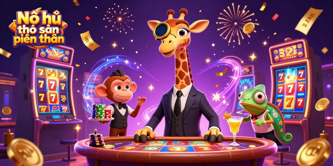 Nổ hũ thợ săn tiền thưởng brings vibrant casino excitement with a high-roller giraffe and colorful slot elements.