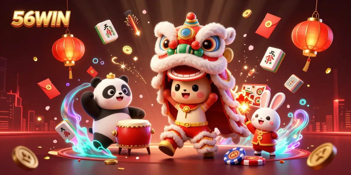 Experience the excitement of winning at 56WIN with vibrant gaming elements and festive atmosphere.