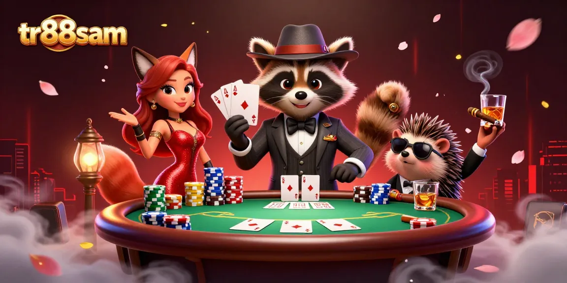 Experience thrilling poker action with tr88sam featuring a suave raccoon and his charming companions.
