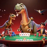 j77 players enjoy a vibrant poker scene with a giant dinosaur dealer and a clever raptor distributing cards