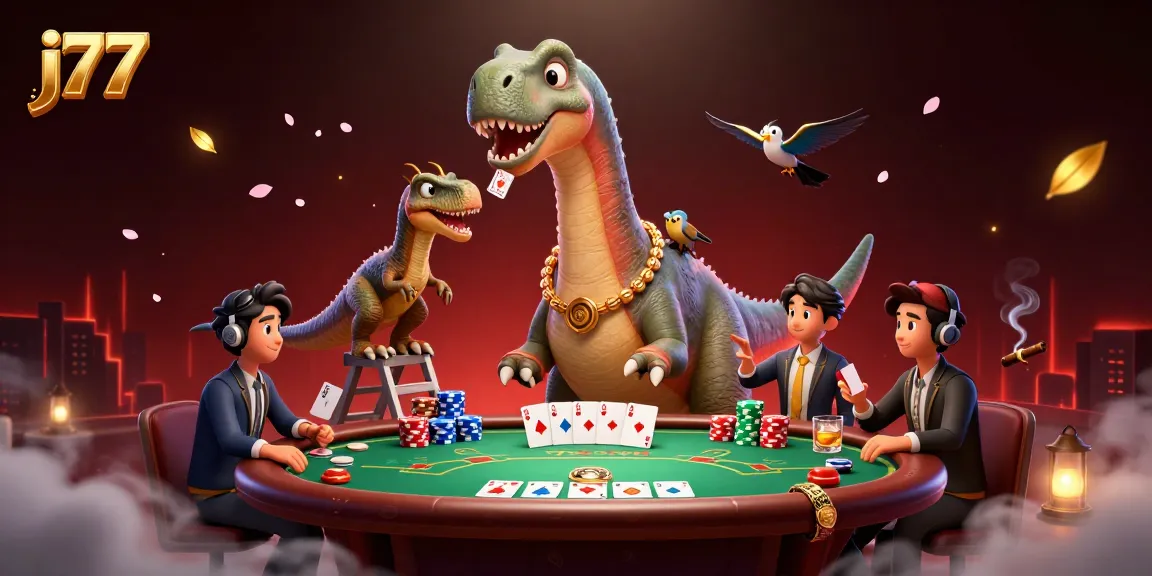 j77 players enjoy a vibrant poker scene with a giant dinosaur dealer and a clever raptor distributing cards