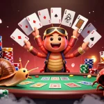 Experience the excitement at au88 with a lively casino scene featuring animated characters and poker elements.