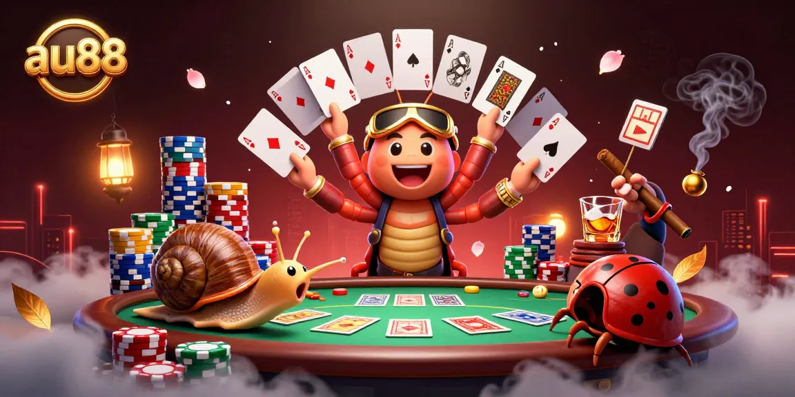 Experience the excitement at au88 with a lively casino scene featuring animated characters and poker elements.