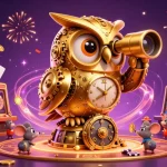 Nổ hũ đại dịch xác sống showcases vibrant casino action with a golden owl and slot game elements.