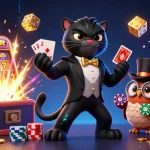 Bet on exciting games at ae889 with a stylish 3D panther dealer amidst bursting jackpots and vibrant symbols.
