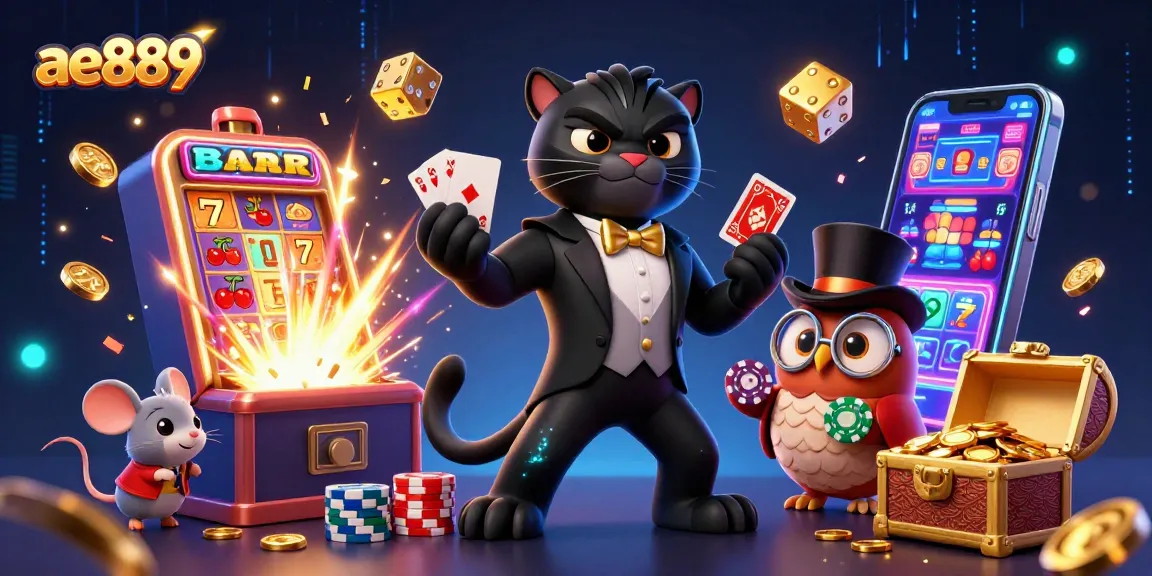 Bet on exciting games at ae889 with a stylish 3D panther dealer amidst bursting jackpots and vibrant symbols.