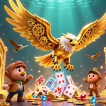 Experience the excitement of okfun with a cybernetic eagle diving through holographic cards amidst treasures