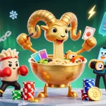 gmnc showcases a vibrant 3D cartoon scene with a giant ramen bowl dealer and crypto elements.