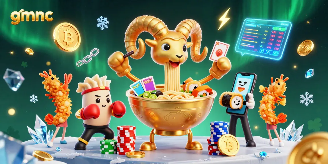 gmnc showcases a vibrant 3D cartoon scene with a giant ramen bowl dealer and crypto elements.