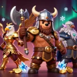 Engage with uu88's exciting world, featuring a Viking bear and Valkyrie in a vibrant casino setting.