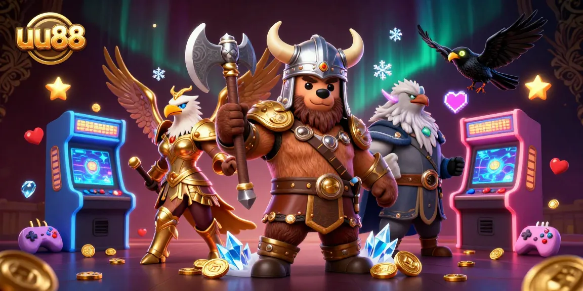 Engage with uu88's exciting world, featuring a Viking bear and Valkyrie in a vibrant casino setting.