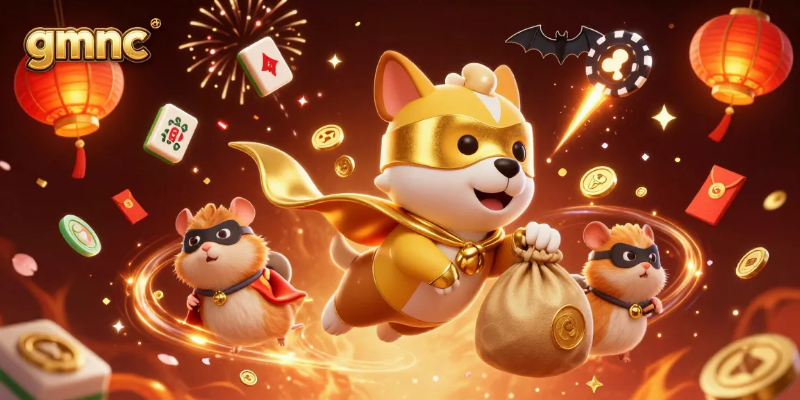 Engage in gmnc with a vibrant 3D illustration showcasing a superhero dog and hamster in an action-packed casino theme.