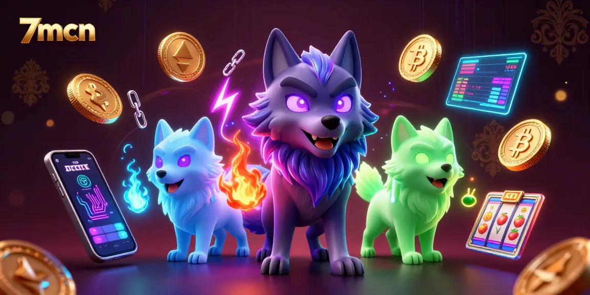 Engage with 7mcn gaming world featuring defeating wolves and crypto coins amidst dynamic casino elements.
